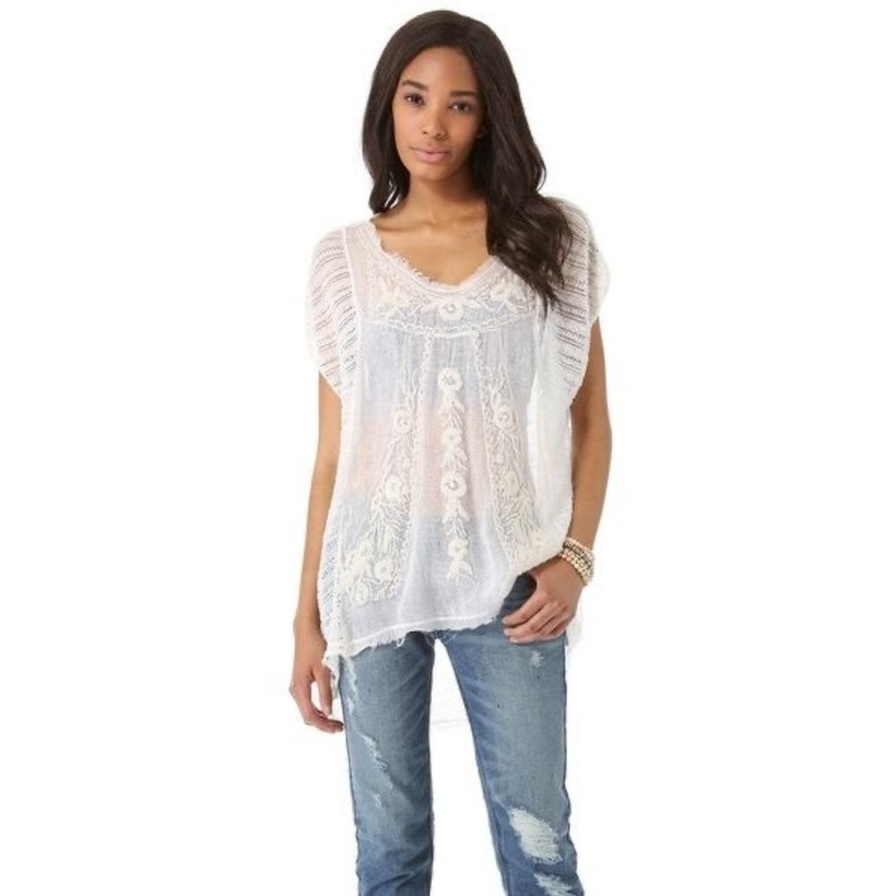 Free People White Embroidered Mesh Knit Oversized Boho V-Neck Top Medium